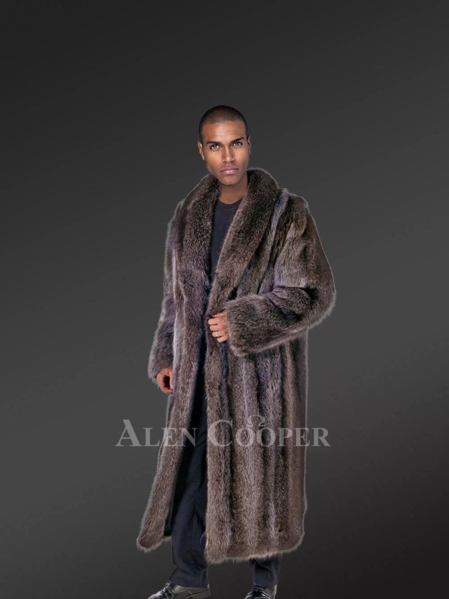 Men Alen Cooper Fox | Racoon Fur Long Coat For Men In Grey-Brown With ...